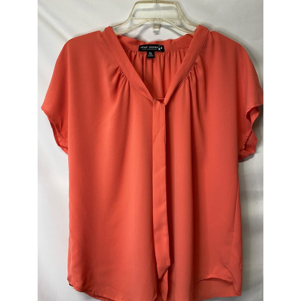 Star Scene Woman's Orange Pullover Top Blouse Tie Neck Size XL